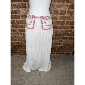 Luminari NWT Boho White Embroidered Tiered Maxi Skirt Women's Size L Lined New